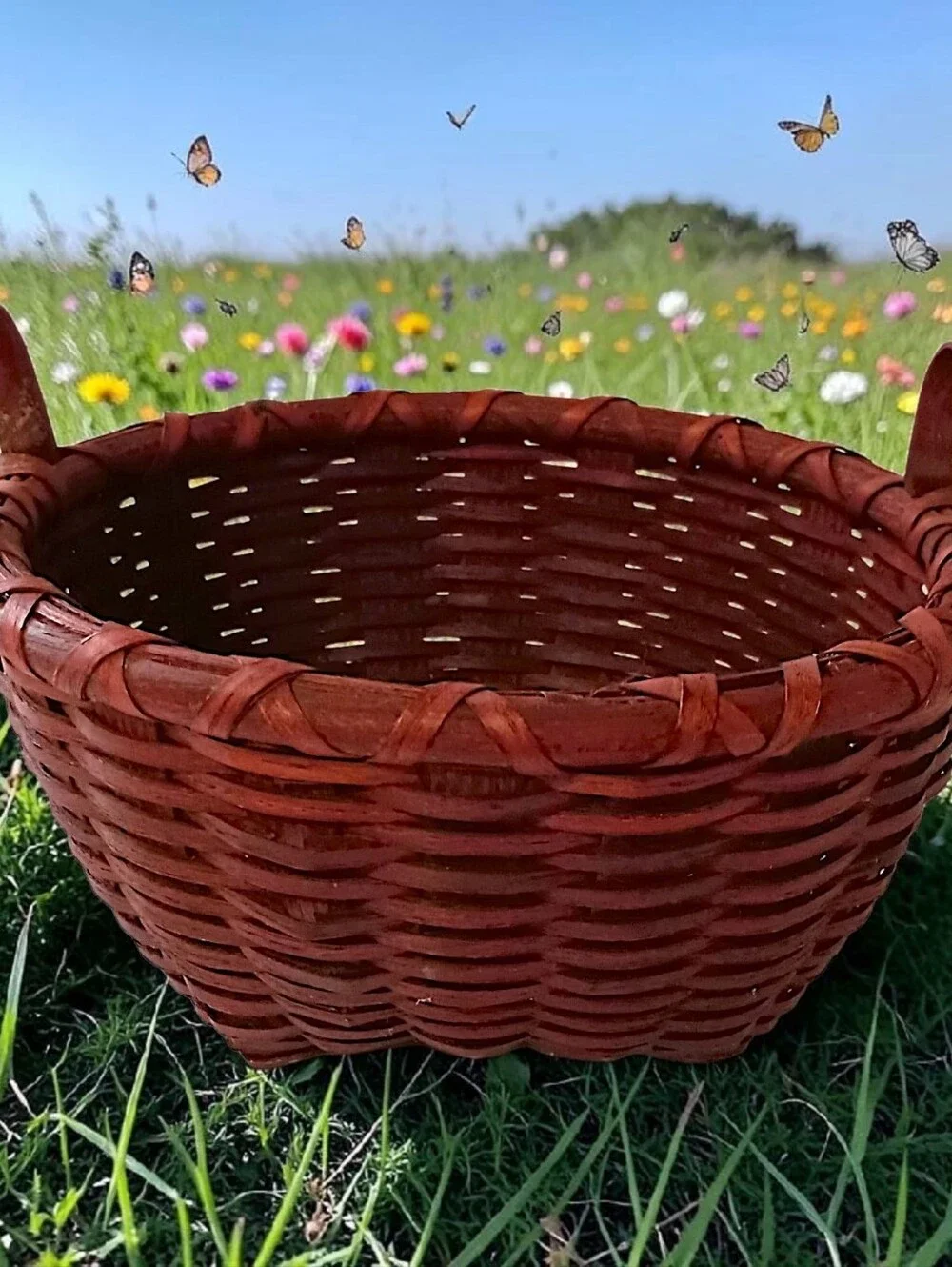 Basketville Handmade Basket Handles Rustic Primitive‎ Woven Reed Slats Vintage